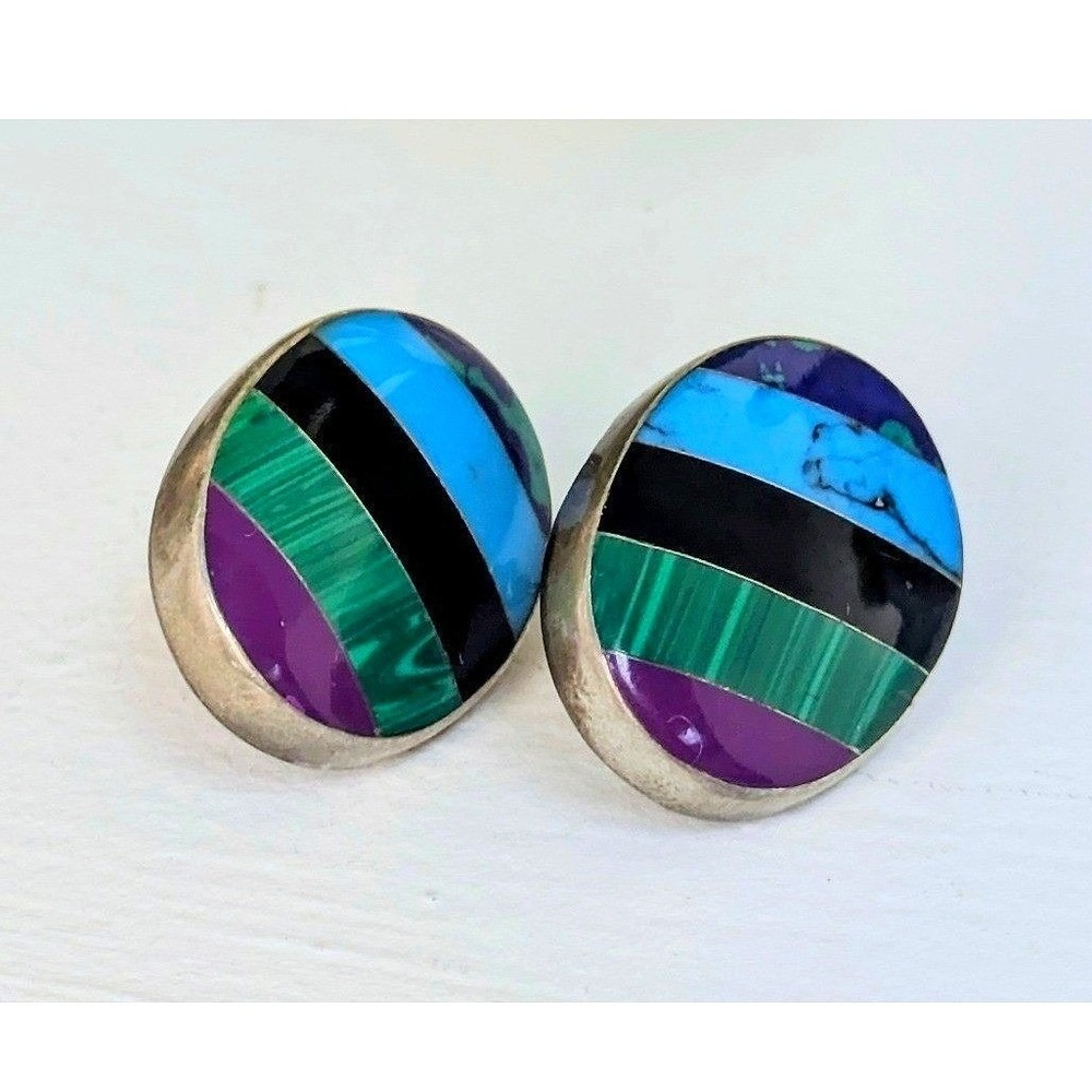 Vintage Taxco Sterling Silver Multi Stone Large‎ earrings Turquoise & Malachite - Picture 3 of 6